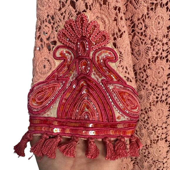 Calypso St. Barth Floral Crochet Tunic Top Size S Embroidered Sequins Tasseled - Picture 9 of 16